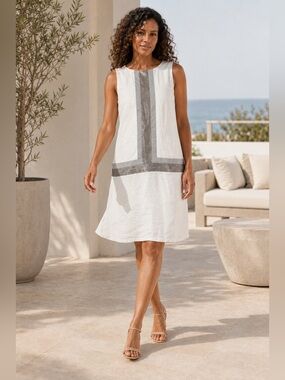 Promod White Gray Metallic Colorblock Sleeveless Shift Dress M